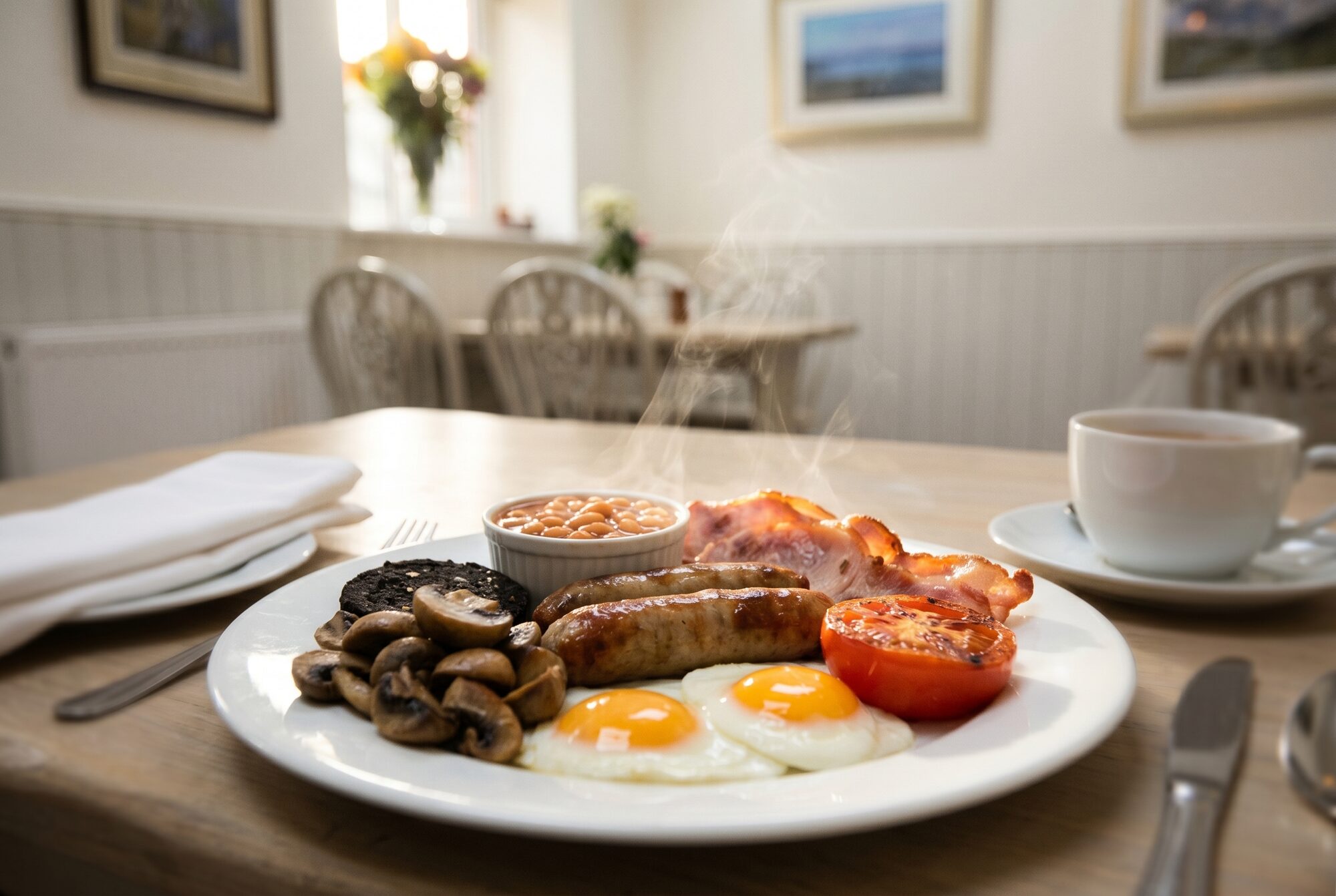 Full English breakfast plate at The Willow Restaurant