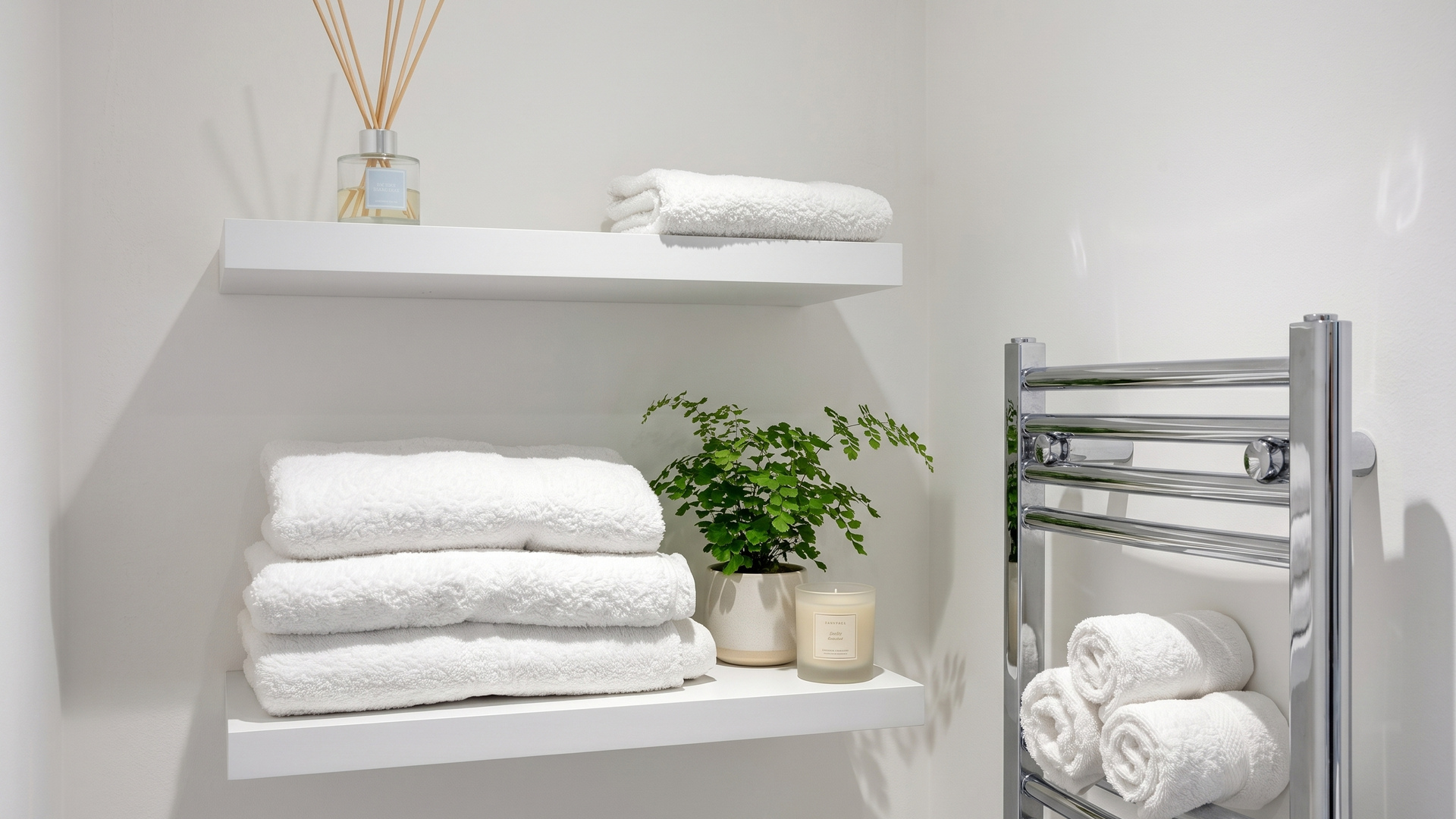 Fresh white towels and heated rail